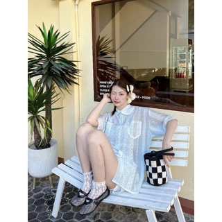 Longdopaws : Lace and Grace set ชุดเซ็ทผ้าทอปักลาย เสื้อคอปกบัว+กางเกงขาสั้น มีซับใน