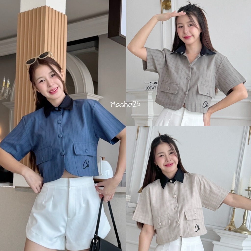 เชิ้ตครอปแขนสั้น แต่งปกดำ ผ้าสโนเนื้อหนา ป้ายcookie bear🐻(B75)
