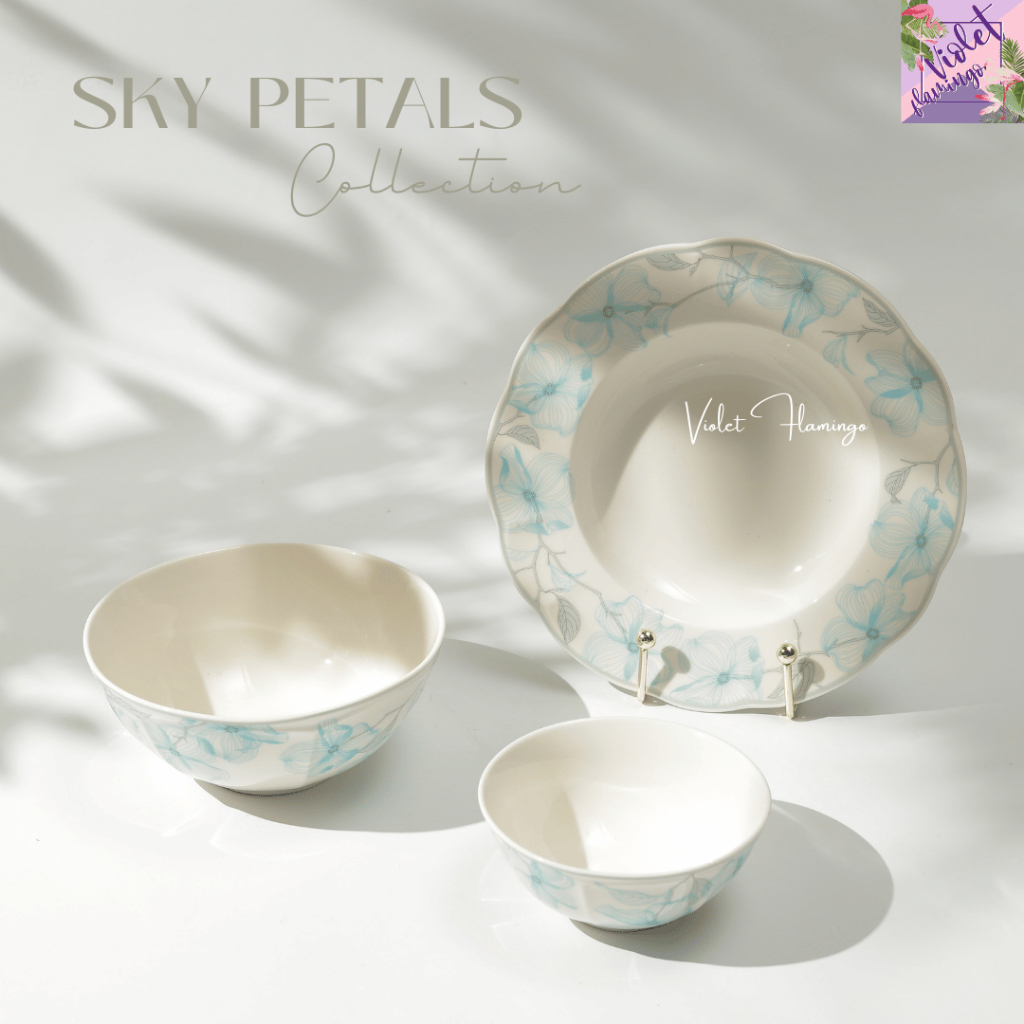 Violet Flamingo Sky Petals Collection – จานชามเซรามิคลายดอกไม้ฟ้า วัสดุ Porcelain อย่างดี เข้าไมโครเ