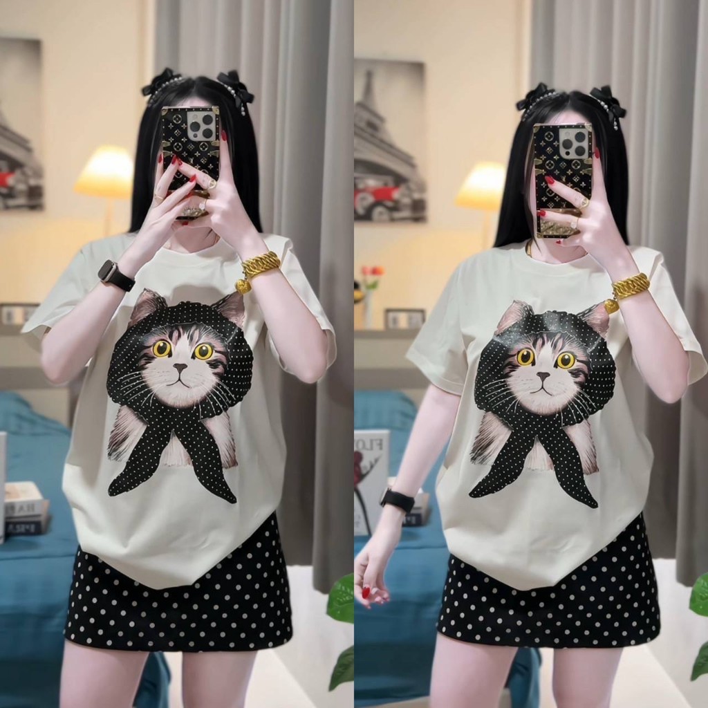 ชุดกระโปรงจุดลายแมว2ชิ้น เสื้อยืดแขนสั้นทรงโอเวอร์ไซส์ดีไซน์ใหม่ พิมพ์ลายแมวน่ารัก เสื้อคอตตอนกระโปรงวูลเวฟ