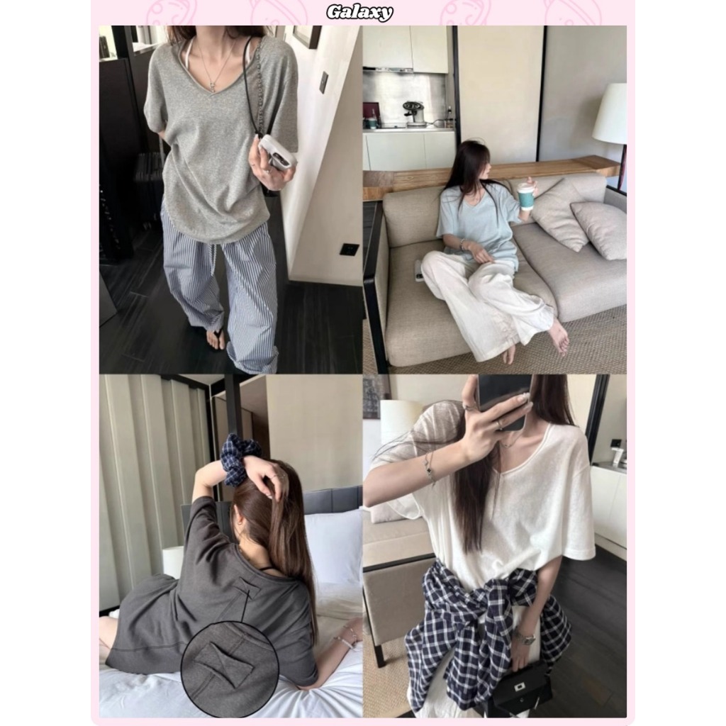 เสื้อแขนสั้น เสื้อผู้หญิง คอV ทรงหลวม แมทช์ง่ายมาก ใส่สบาย #020411