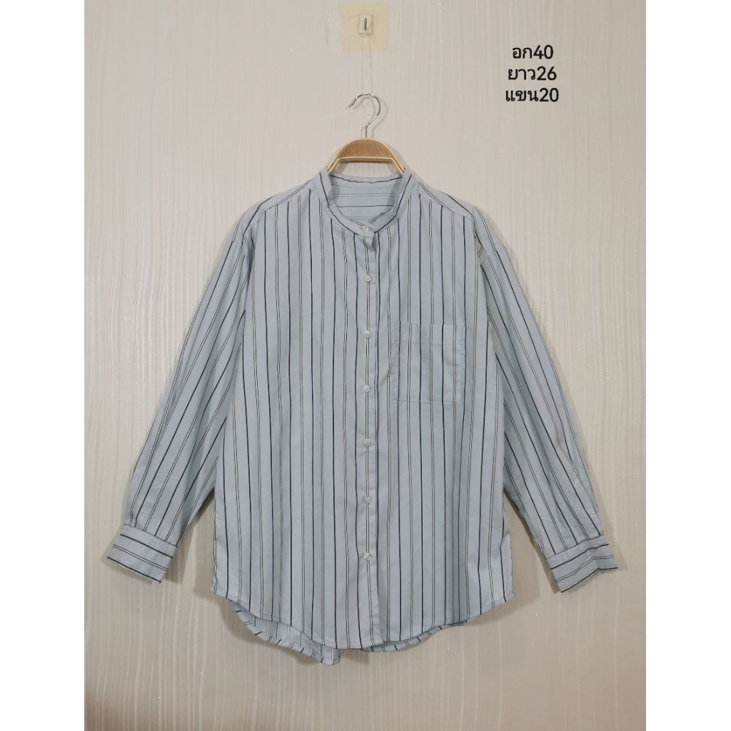 เสื้อGU คอจีนแขนยาว ผ้าโพลีเอสเตอร์ลายริ้วสีฟ้า-งานมือสอง