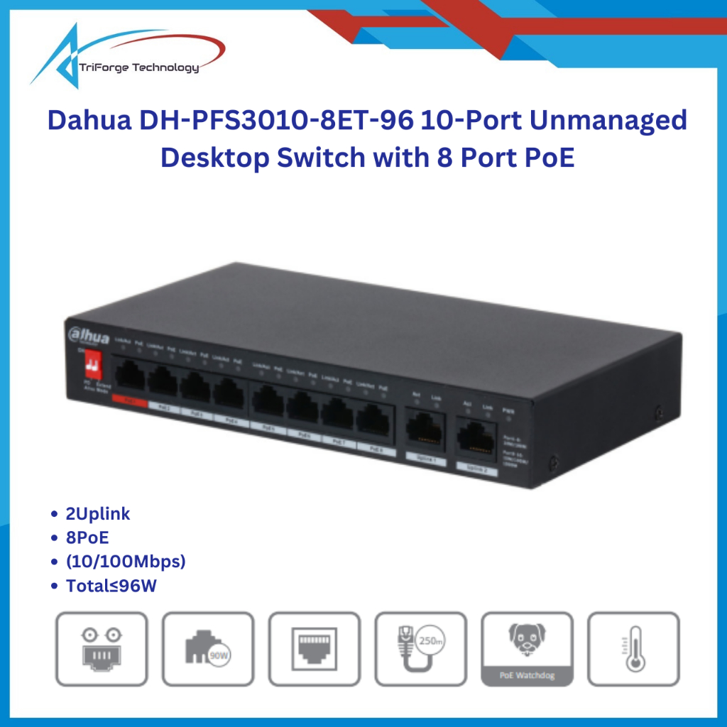 Dahua DH-PFS3010-8ET-96 10-Port Unmanaged Desktop Switch with 8 Port PoE