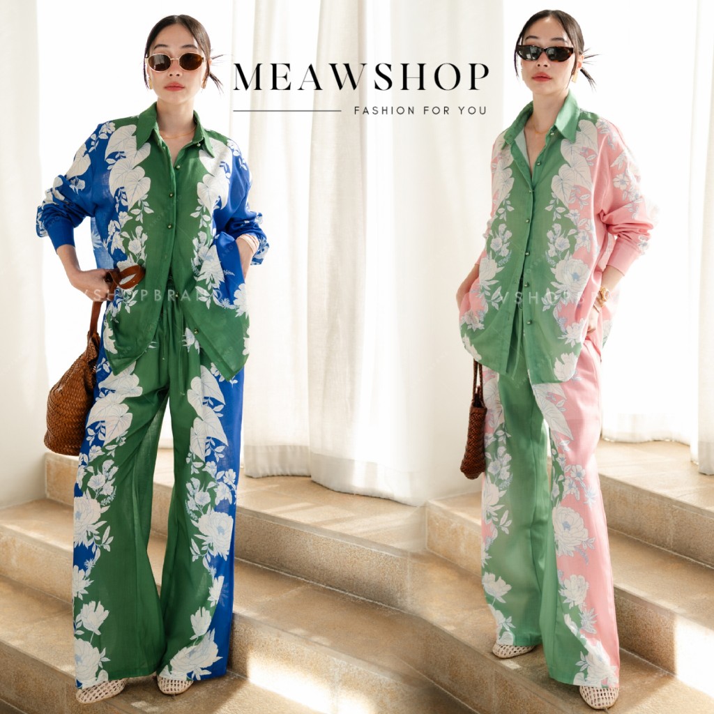 #6021-7 S-2XL Set เสื้อเชิ้ตแขนยาวทูโทนลายดอก + กก.ขายาว ชุดขึ้นเครื่อง ชุดไปทะเล ชุดไปเที่ยว ไปเดท 