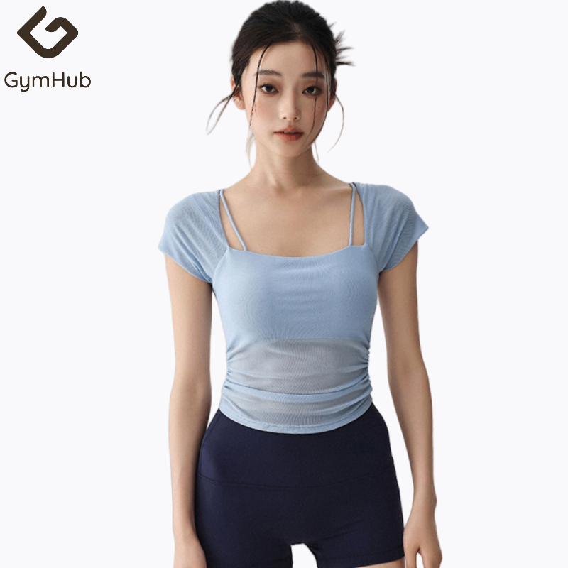 GymHub เสื้อยืดแขนสั้นสตรีสำหรับโยคะ มีผ้ารองในตัว ตาข่ายระบายอากาศ แห้งเร็ว เหมาะสำหรับพิลาทิสและออกกำลังกาย