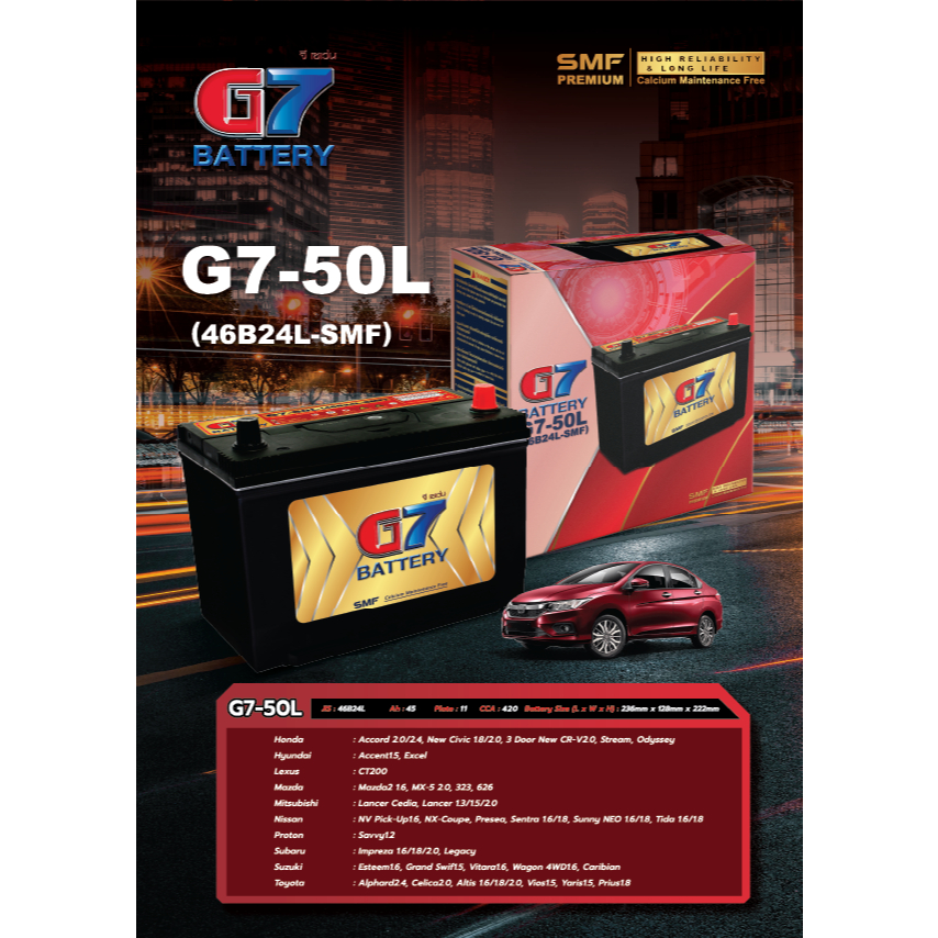 แบตเตอรี่รถยนต์ G7-50L (46B24L-SMF)