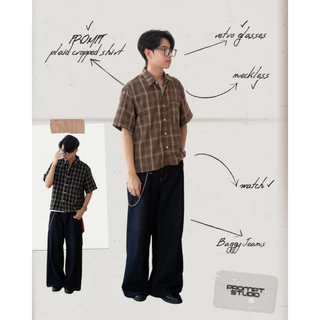 เสื้อเชิ้ตครอปลายสก๊อต Unisex Prompt plaid crop แขนสั้น มี3ไซส์ อก40"/44"/48" เสื้อเชิ้ตครอปผู้ชาย