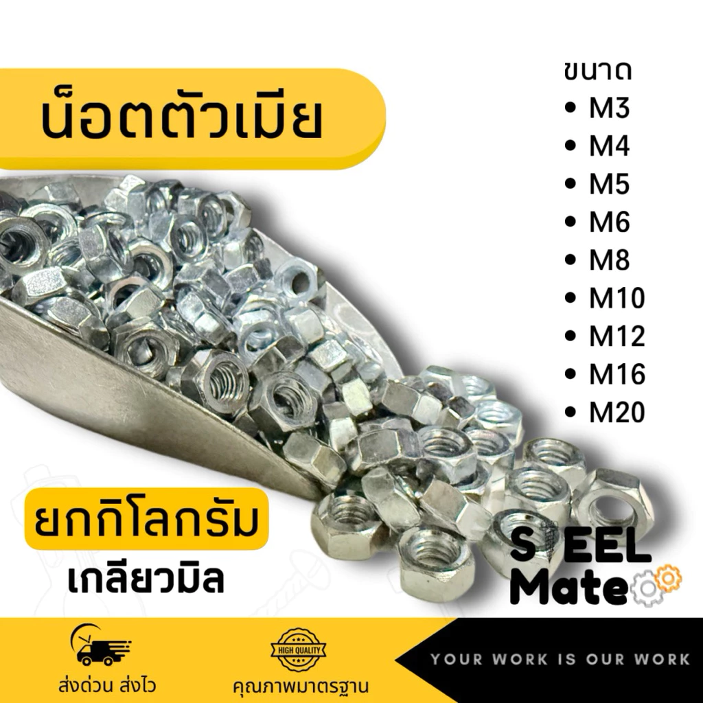 [ยกกิโล] หัวน็อตตัวเมียหกเหลี่ยม เกลียวมิล M3-M20