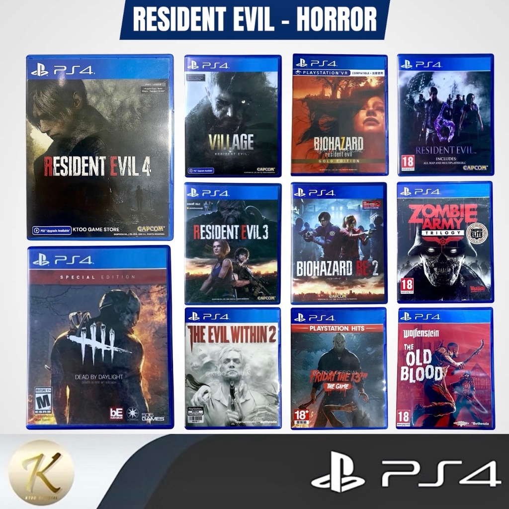 รวมแผ่นเกมส์ PS4 : Resident Evil มีหลายภาค เกมส์ซอมบี้ เกมส์แนวผี เล่นได้ 2 คนบางเกมส์  (แผ่นมือ1/มื