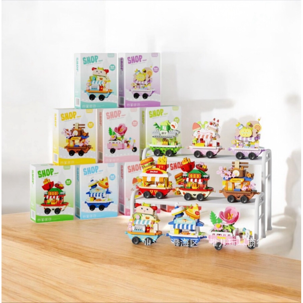 ตัวต่อ ร้านค้า Mini Street View Food Truck - strawberry cake / fast food/ candy shop / hotpot / pizz