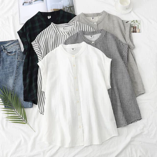 เสื้อคอจีนแขนสั้น - พับแขน เสื้อสไตล์ญี่ปุ่น มูจิ มินิมอล ผ้าสาลู 2 ชั้น by Herbiestyle