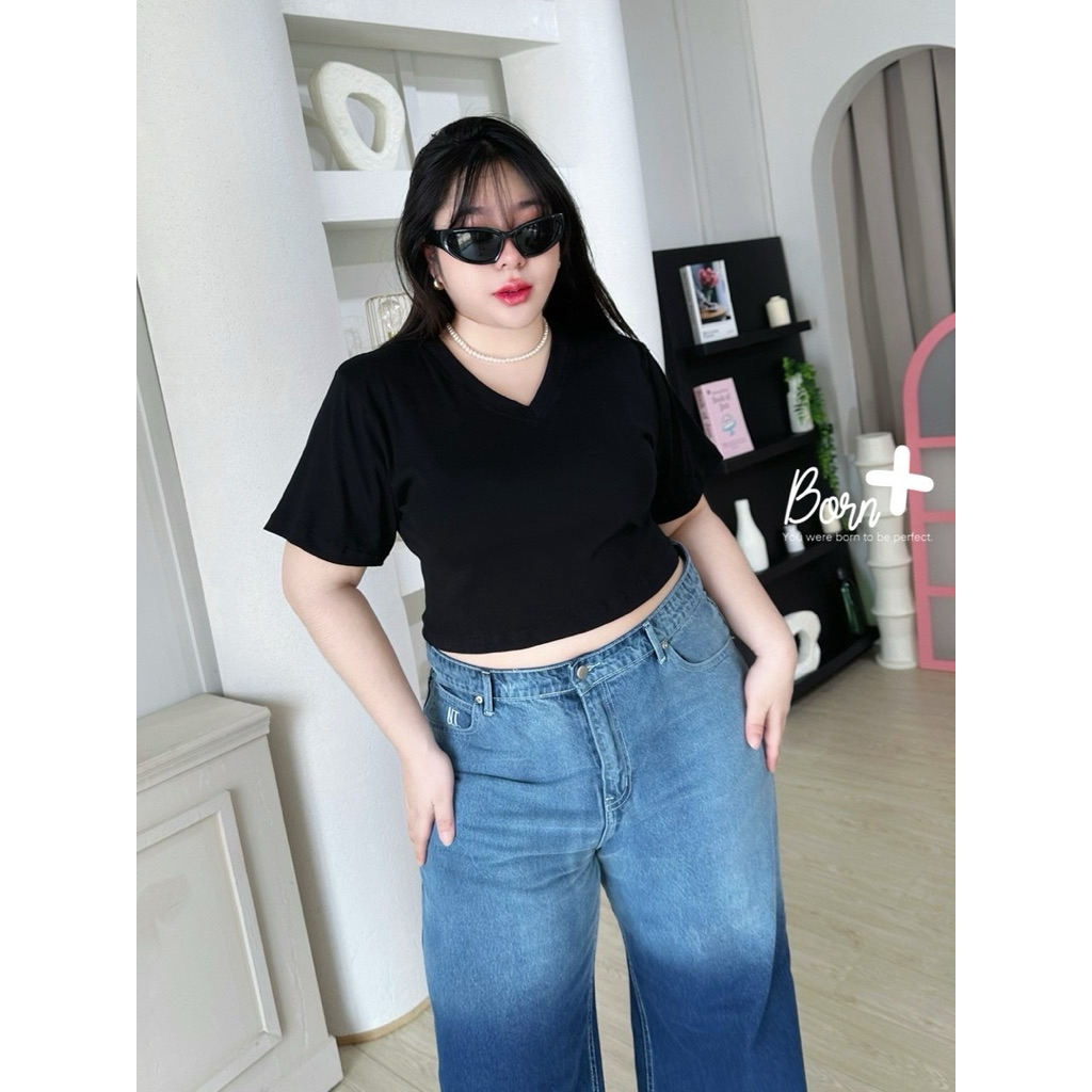 T-shirt Crop Chubby Girl 🍎🧤👀🧸👧🏻  เสื้อครอป แขนสั้น คอวี เนื้อผ้ายืดยูนิโคล ครอปสวยพอดีเป๊ะ ไม่สั้นสาวอวบ - รูปที่ 4