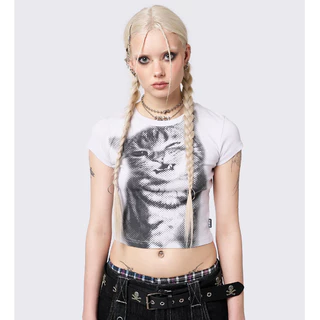 Paula พร้อมส่ง💜เสื้อยืดรัดรูปผู้หญิง🐱Y2Kเสื้อครอปท็อป แขนยาว แขนสั้น Croptop พิมพ์น้องแมว ผ้ายืดใส่สาย สวาอ้วนใส่ได้
