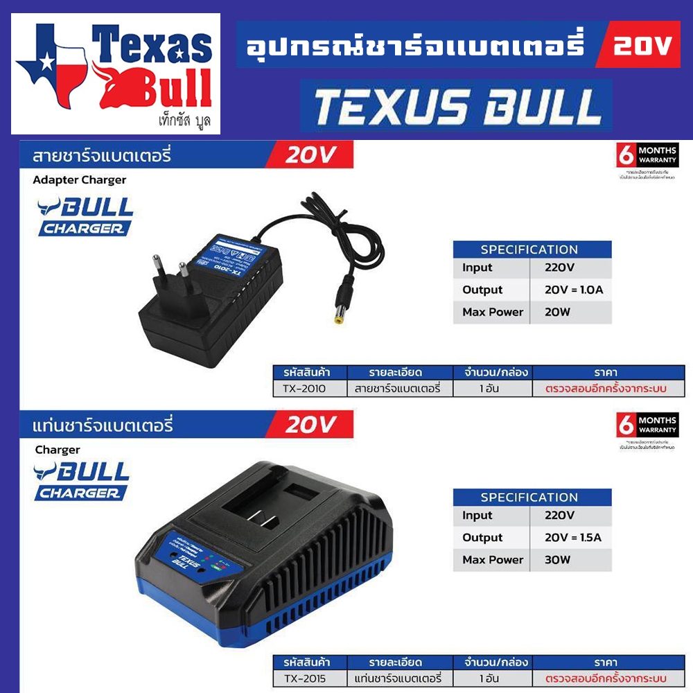 TEXUS BULL อุปกรณ์สำหรับ ชาร์จแบตเตอรี่ 20V 2 แบบ 2สไตร์ ให้เลือกซื้อ