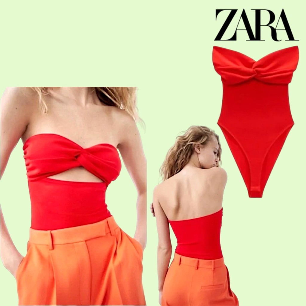 SP388S บอดี้สูทคอวีผูกโบว์สีแดงจาก Zara