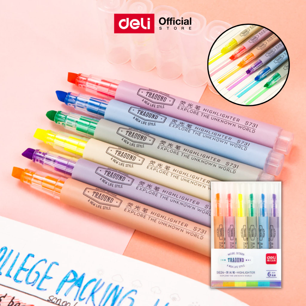 ปากกาไฮไลท์ Deli 6 สี หมึกไหลดี ไม่ซึม สีสวย ใช้เน้นข้อความ สำหรับเรียนและทำงาน Highlighter
