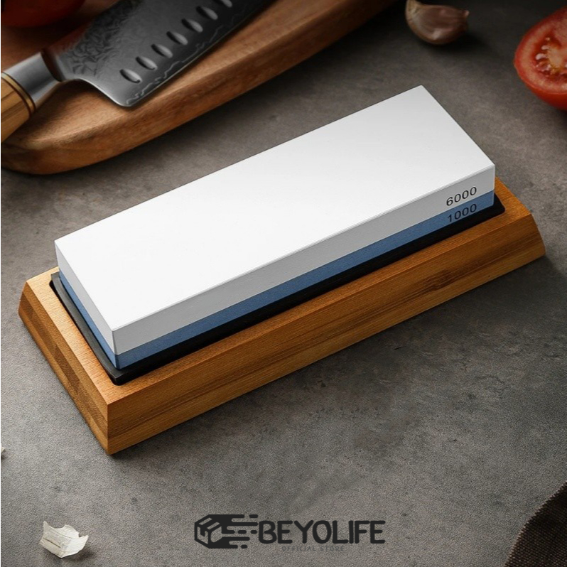 Beyolife หินลับมีดมีด Professional Waterstones Grit Whetstone Sharpening พร้อมฐานไม้ไผ่ ที่ใส่ใบมีด ชุดหินลับสองด้าน