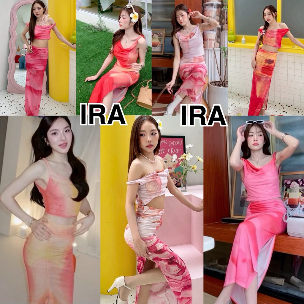 BY IRA พร้อมส่ง saasy set ชุดเสื้อ+กระโปรงลําลองเปลือยแขนปิดผอมห่อก้นด้านข้าง ดีเทลแหวกด้านข้าง