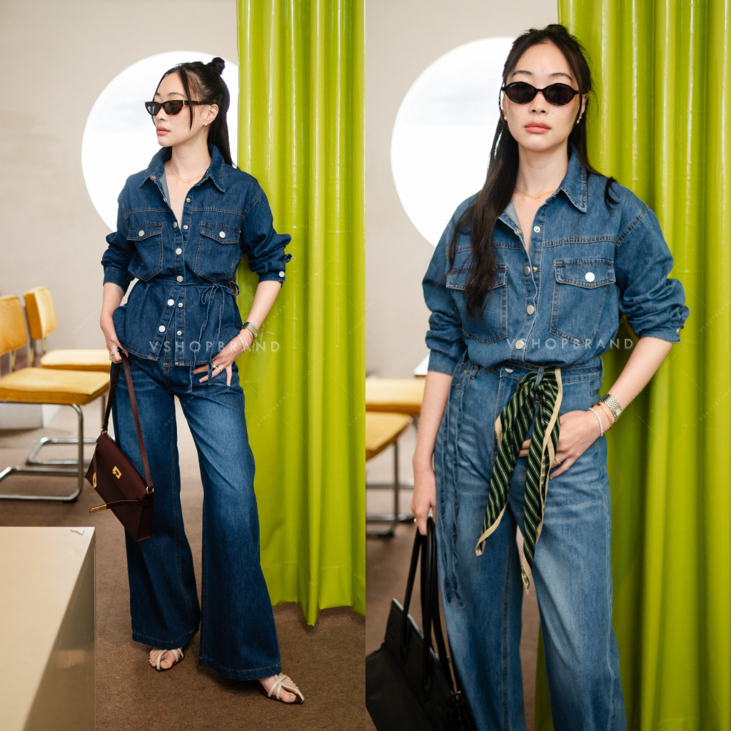 4087-1 Set เชิ้ตยีนส์แขนยาวเส้นหน้ากระเป๋าอกคู่+กางเกงขายาว+เชือก งานป้าย vshopbrand