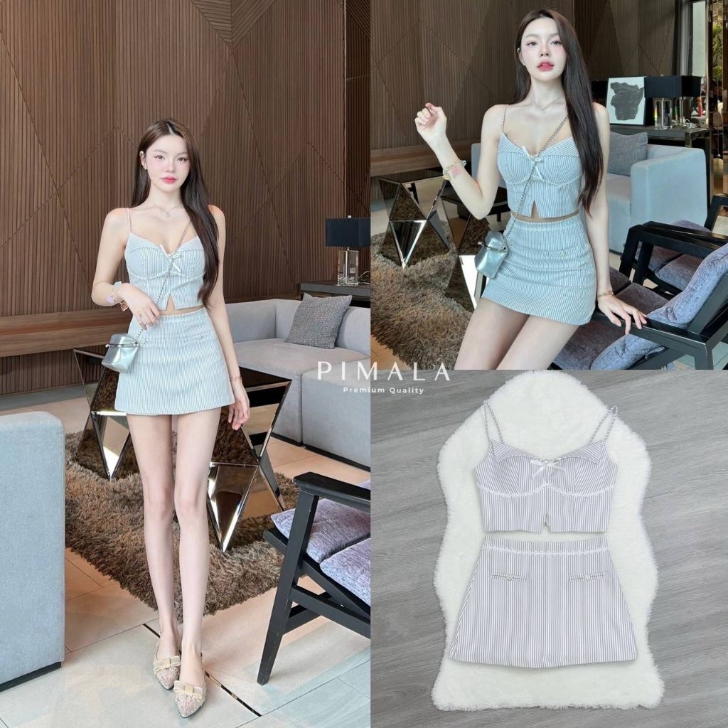 SETสีใหม่ละมุนมากก เซ็ทเสื้อสายเดี่ยวเย็บพับขอบคาดดอกไม้