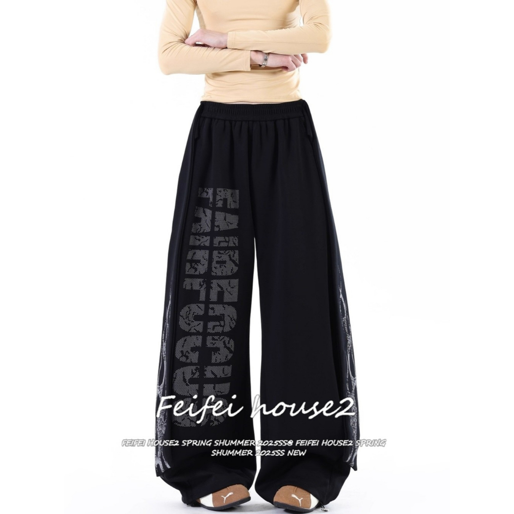 [Flame Print Lace-up Wide-Leg Pants]ดีไซน์ลายพิมพ์ตัวอักษรเปลวไฟกางเกงขากว้างลำลองสำหรับผู้หญิง