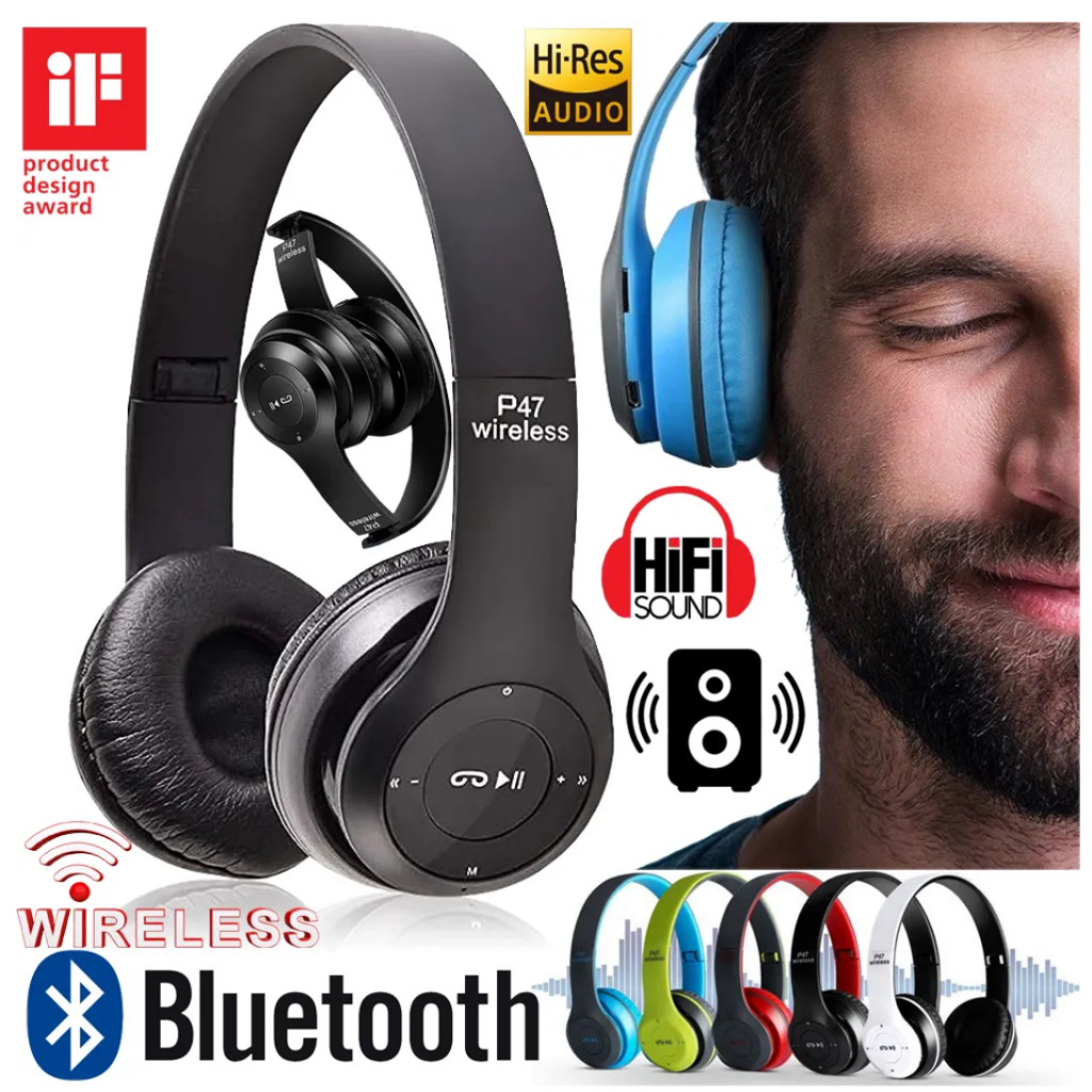 P47 Wireless Headphones หูฟังบลูทูธไร้สาย คมชัดพลังขับขนาดใหญ่ สะใจ รับสายสนทนา เพิ่ม SD Card ได้ด้ว