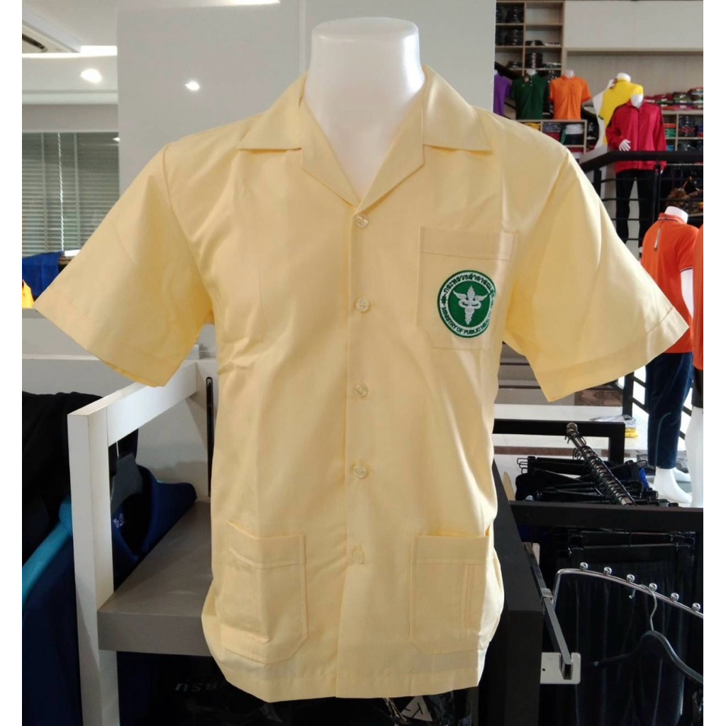เสื้อสาธารณสุข“ชาย”คอฮาวายริ้วเหลือง พร้อมปักโลโก้สาธารณสุข/รอบอกเสื้อ38-48