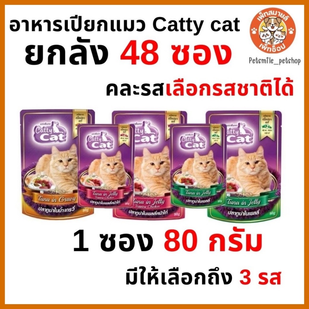 Catty Cat อาหารเปียก สำหรับแมว ขนาด 80 กรัม คละรสชาติได้ (ยกลัง 48 ซอง)