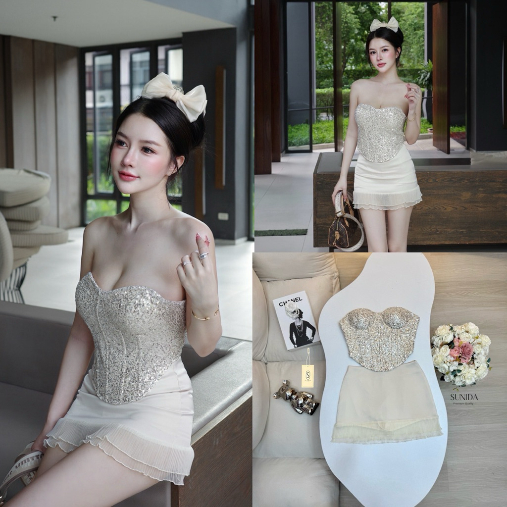 (พร้อมส่ง ) ✨   ✨แบร์นSUNIDA BRANDชุดเซต2ชิ้น สีGold Champaignเสื้อเกาะอก + กระโปรง เอวต่ำรุ่นนี้สวยมากLimited