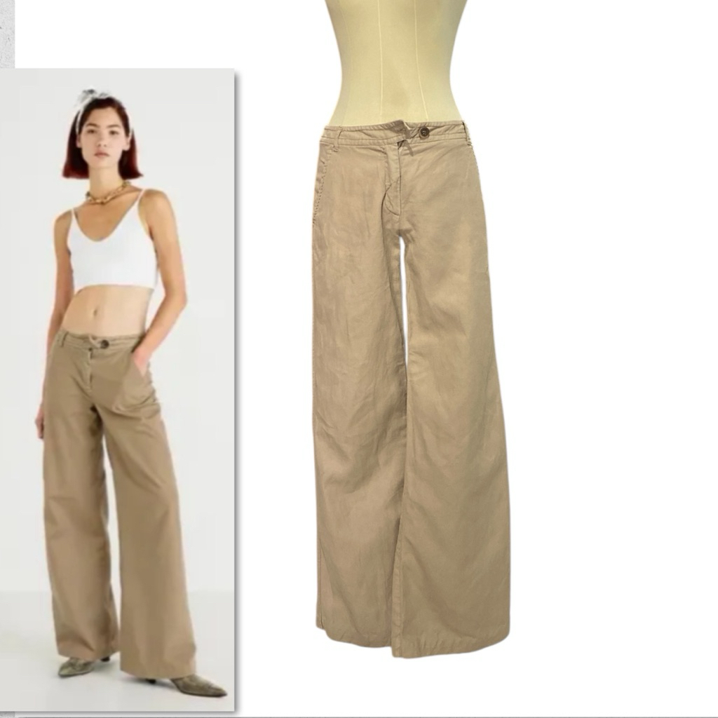 Max*maraแท้ ยังไม่เคยใช้งาน cotton/linen beige wide leg fitw3 pants กางเกงผ้าคอตตอนผสมลินินสีเบจsize