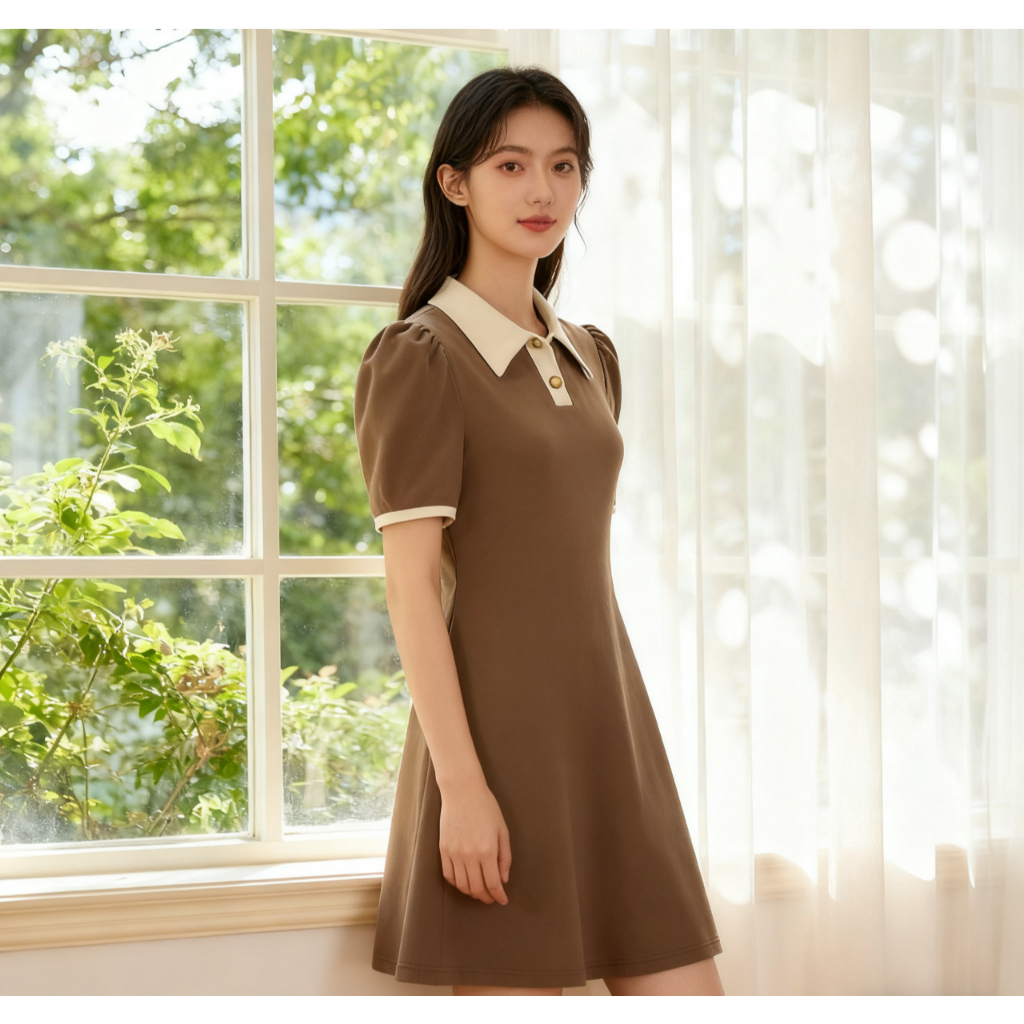 【EVIOVIO】S-5XL เดรสสั้นสไตล์มินิมอล คอปกตัดสี แขนตุ๊กตา ดูดีมีระดับ🤍เดรสสาวอวบ พลัสไซซ์ เดรสออกงาน