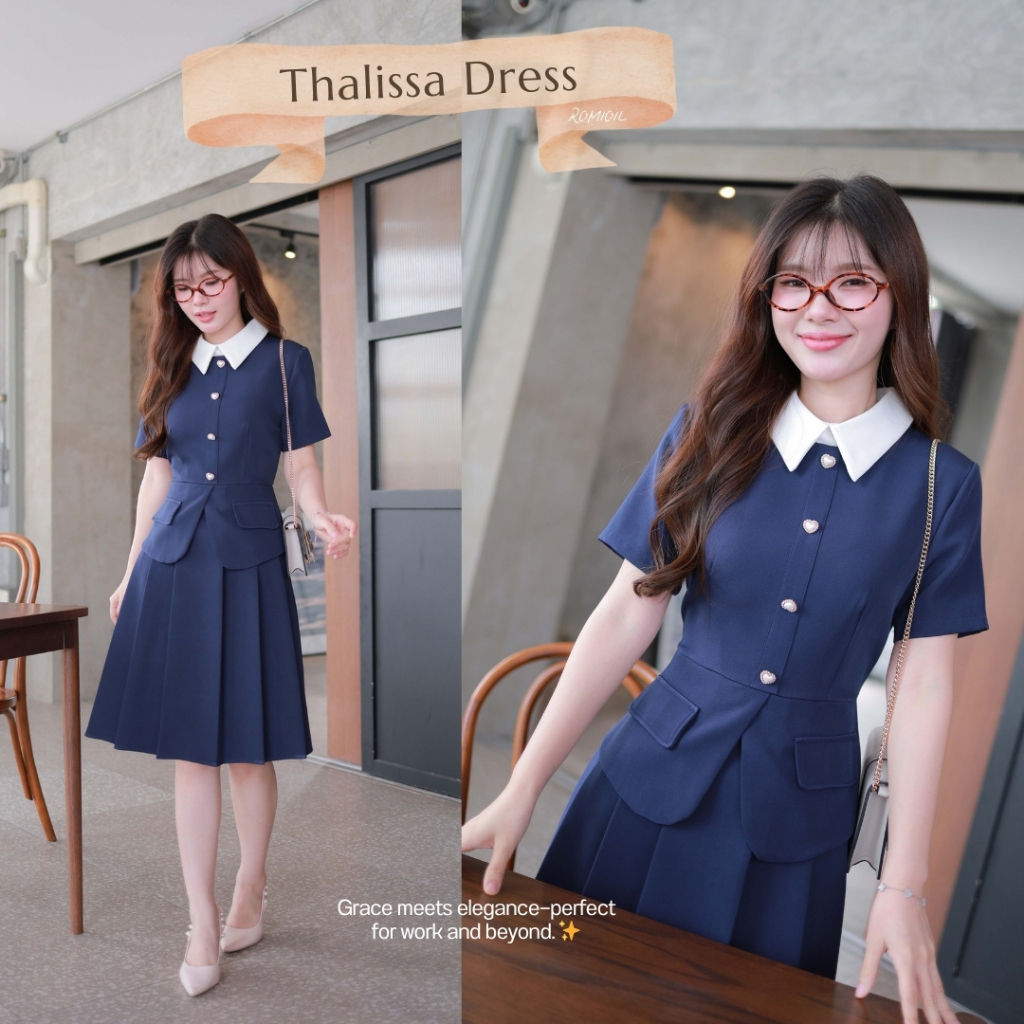 "Romi"Oil" Thalissa Dress (Navy) K300 ชุดเดรสสีกรม (คอปกขาวแต่งกระดุมหัวใจ)