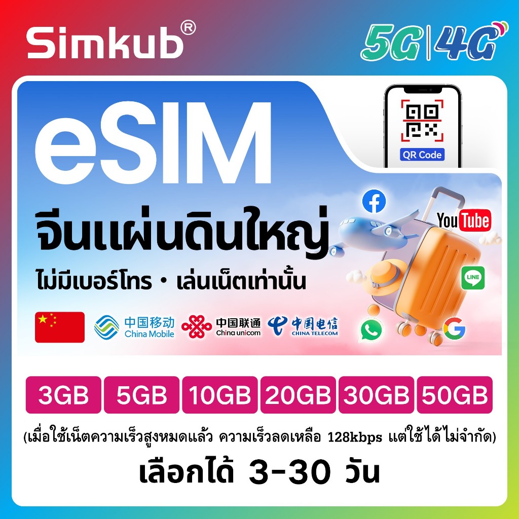 eSIM Mainland China ซิมท่องเที่ยว จีน เน็ต 3-50GB รองรับ 5G/4G เลือกได้ 3-30 วัน