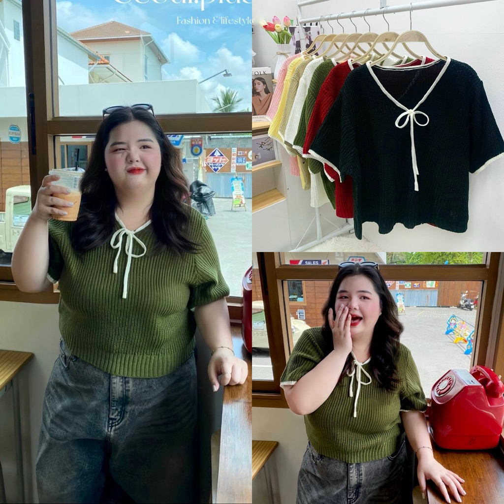 /SP/ เสื้อไหมพรมคอวีผูกโบว์ ไซส์อก50-60 ตัดสีขอบแขนและโบว์ ผ้านุ่ม ยืดเยอะ ใส่สบาย #เสื้อไซส์ใหญ่ พลัสไซส์