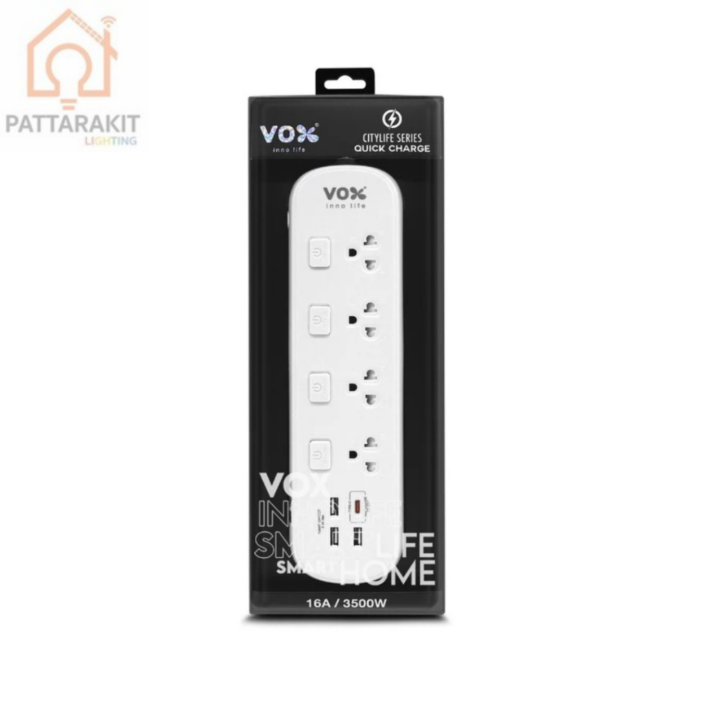 รางปลั๊ก รุ่น City Life 3 เมตร / 4 ช่อง + 3-USB + USB-C + 4-สวิทช์ / VOX CTA-444