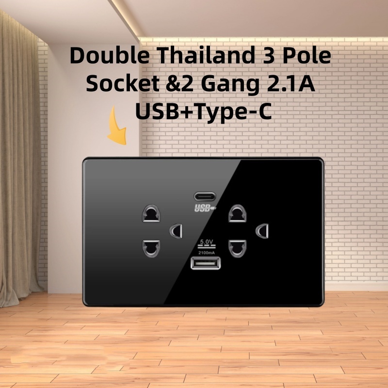 ชุดเต้ารับคู่ ชุดเต้ารับปลั๊กไฟคู่ 3 ขา รุ่น 4 สี ให้เลือก USB with type-c socket 20W