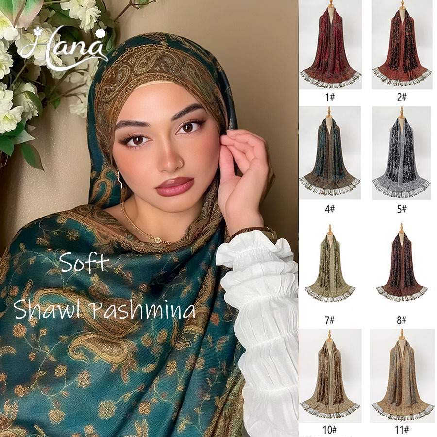 ผ้าพันหัวฮิจับแบบยาวใหญ่ ด้วยขนาดใหญ่ ใส่สบาย ตกแต่งปักกิ่งแบบวินเทจ Jacquard พร้อมกระบองพุ่มพวงแบบแคชู