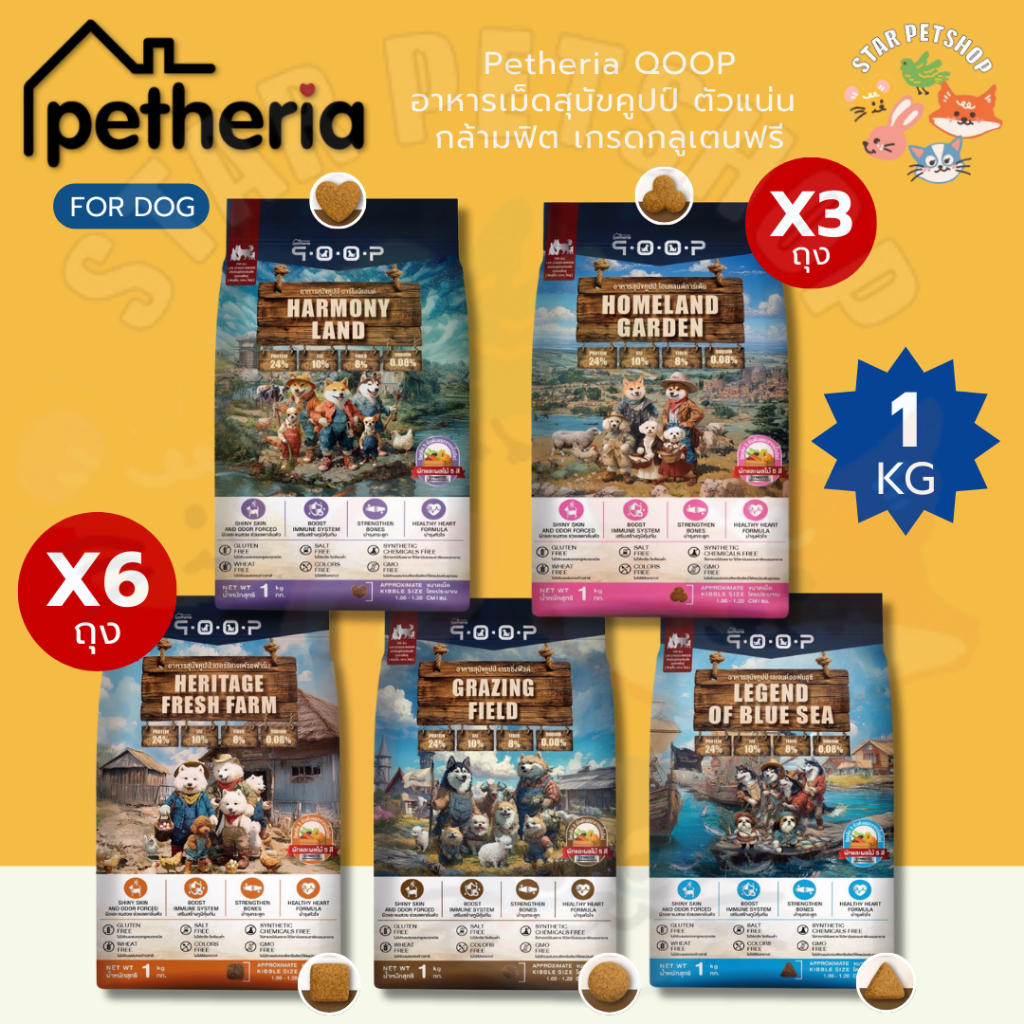 Petheria QOOP อาหารเม็ดสุนัขคูปป์ ตัวแน่น กล้ามฟิต เกรดกลูเตนฟรี สำหรับสุนัขทุกช่วงวัย ทุกสายพันธ์ ขนาด 1 กิโลกรัม
