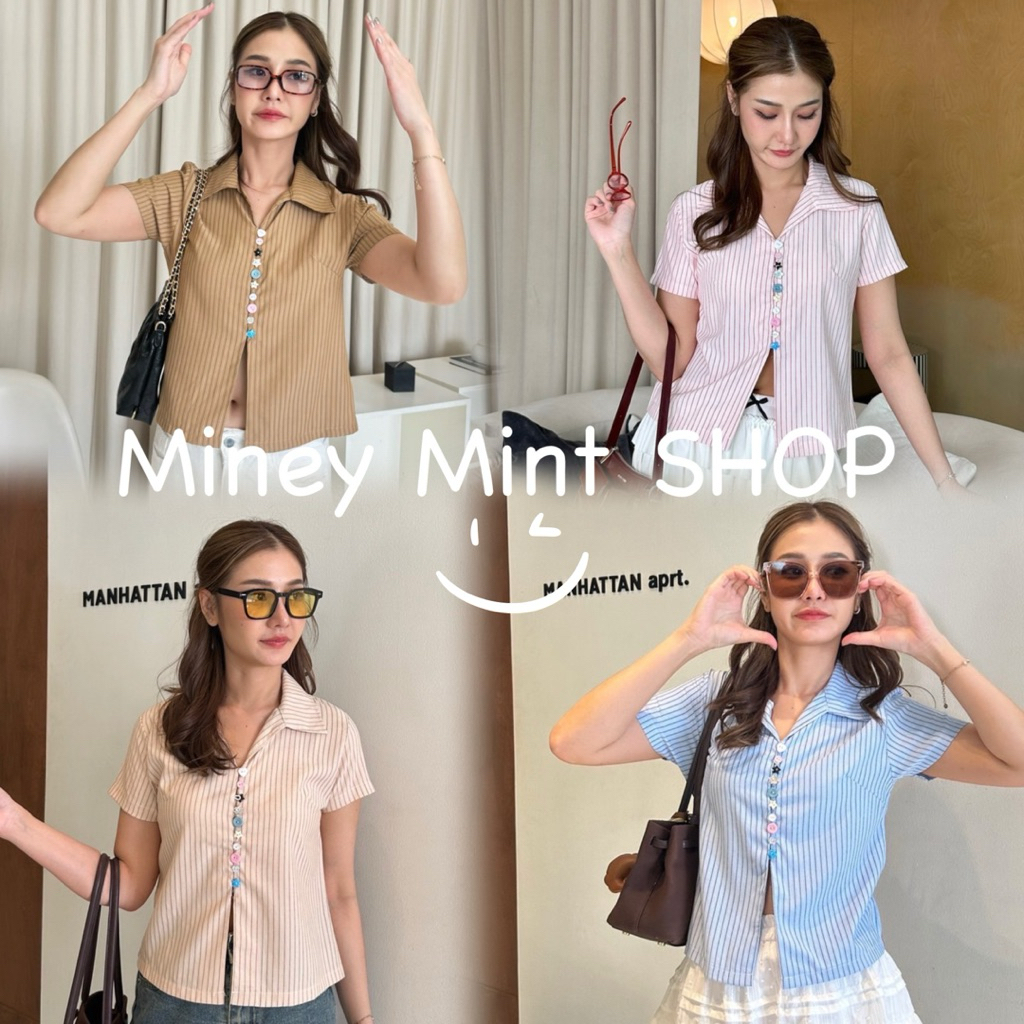 miniminey🎀 เชิ้ตคอปกแขนสั้น ผ้าลายริ้วคอตตอน งานดีเทลกระดุมสลับสีกระดุมสวยมากค่ะ