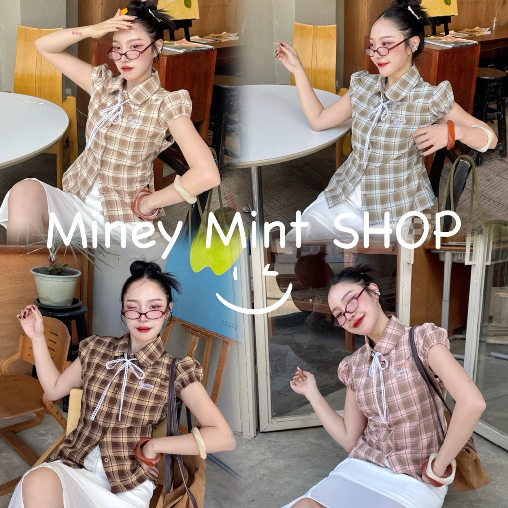miniminey🎀 เชิ้ตคอบัวปกโค้ง งานตัวยาวทรงจับจีบช่วงอก ผ้าคอตตอนลายสก็อตเล็ก