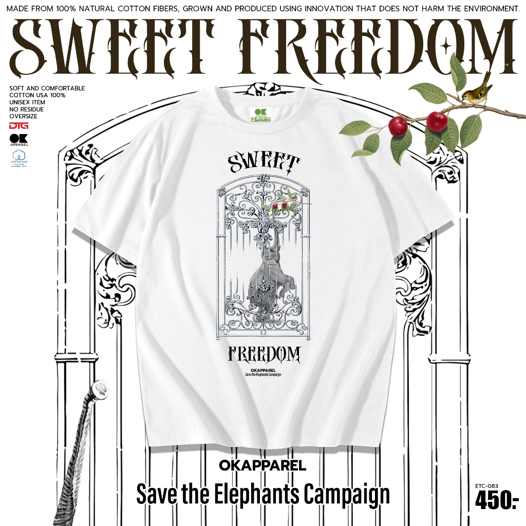 OK Apparel เสื้อยืดคอกลมแขนสั้น ลาย Sweet Freedom Oversize Cotton ⚡️USAคุ้มสุด!⚡️