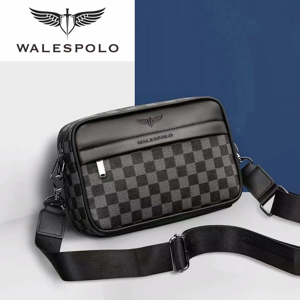 Walespolo กระเป๋าสะพายไหล่ สะพายข้าง หนัง Pu สีดํา สไตล์เกาหลี แฟชั่นฤดูร้อน สําหรับผู้ชาย