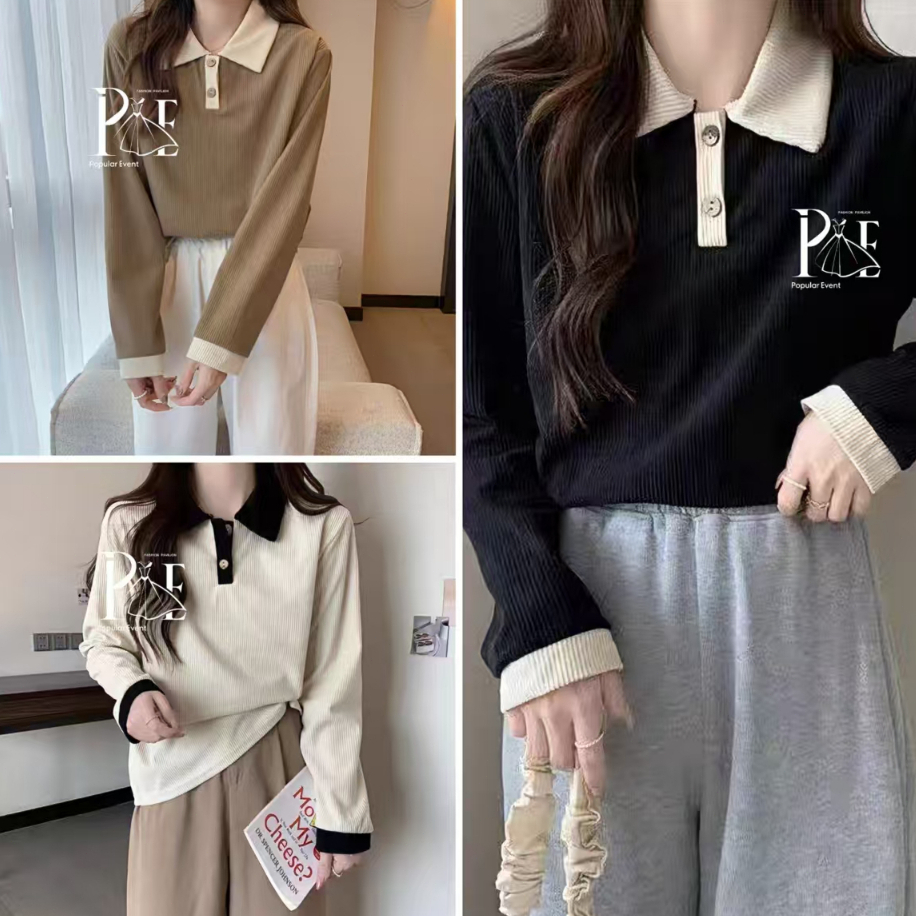 เสื้อยืดโปโล แขนยาว คอปก ทรงสลิมฟิต สีพื้น สําหรับผู้หญิง Clothing Shirt