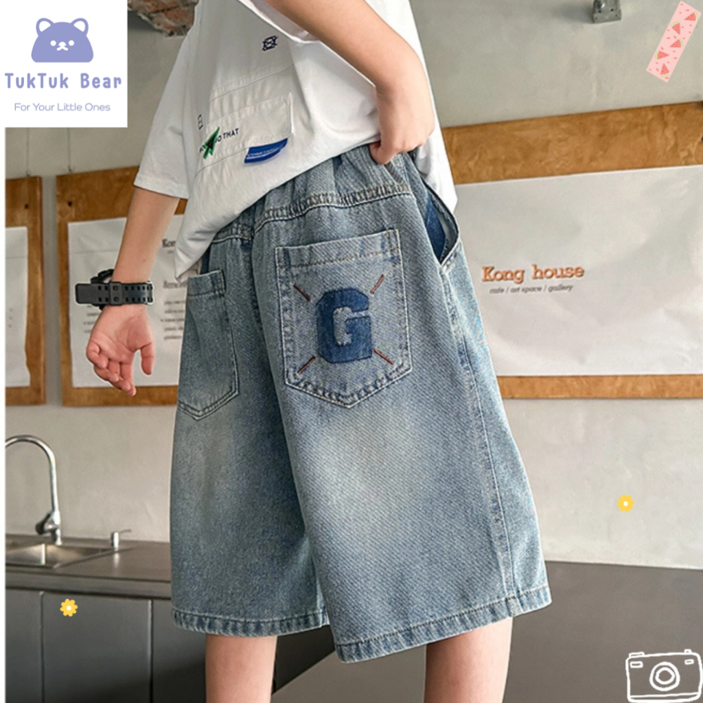 กางเกงยีนส์เด็กผู้ชาย ขาสั้น 5 ส่วน ลายตัวอักษร เอวยืด ไซส์ 120-160