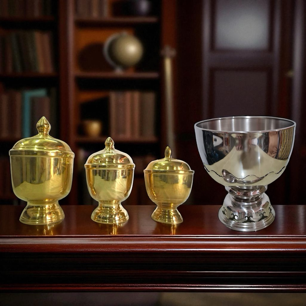 โถน้ำมนต์ ขันน้ำมนต์ทองเหลืองแท้ | สำหรับใส่น้ำมนต์ แข็งแรง สำหรับพิธีบูชา ขันตักบาตร และที่หนีบเทียน | ขันสแตนเลส