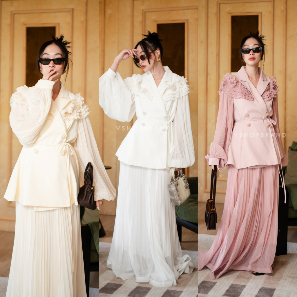 059-1 Set เสื้อสูทแขนยาวแขนซีทรูอัดพลีทแต่งระบายหน้า+กระโปรงยาวอัดพลีท+เชือก งานป้าย vshopbrand