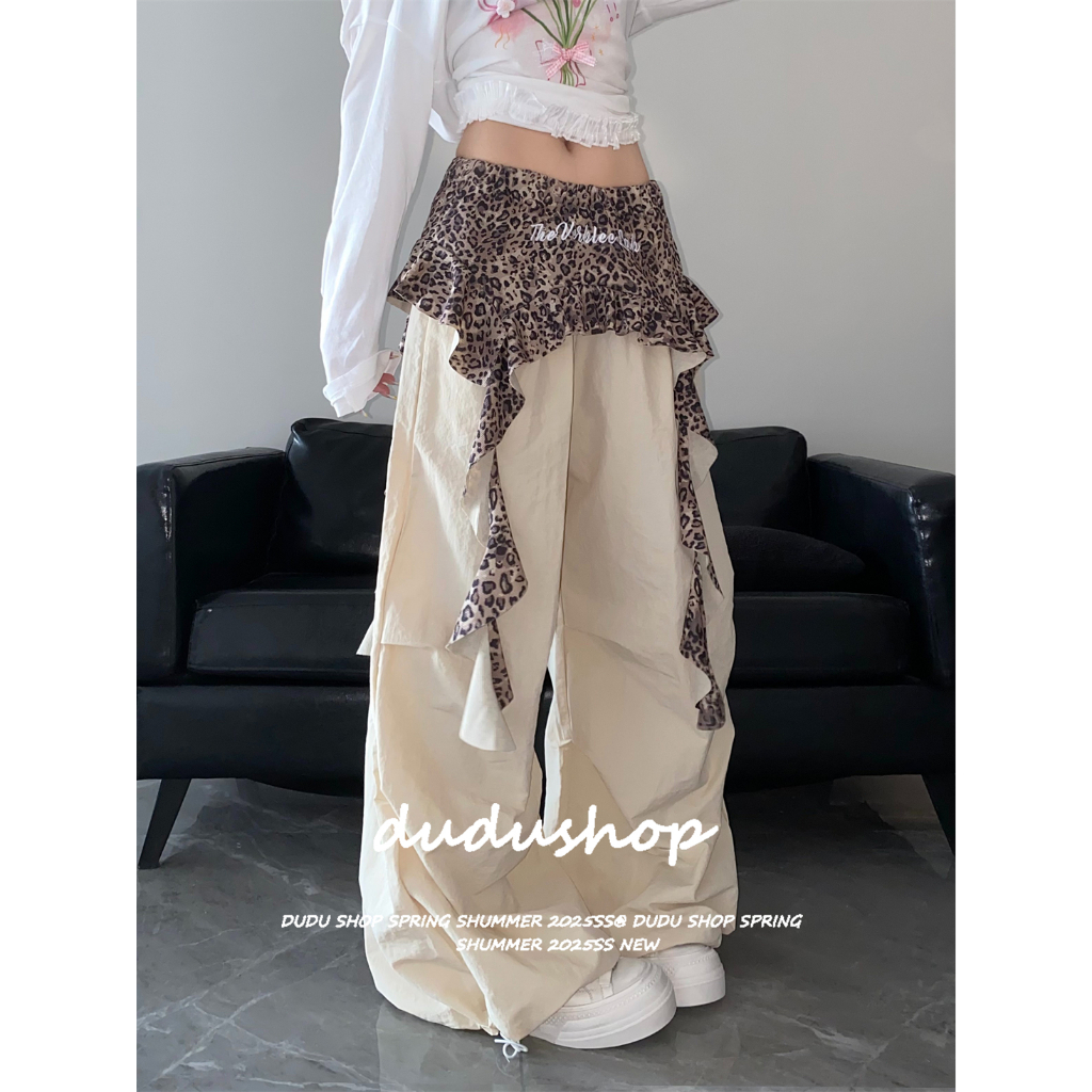 [Summer quick-drying fabric, leopard print wide-leg pants]กางเกงลายเสือดาวสไตล์สตรีทสำหรับผู้หญิง กางเกงขากว้างลำลอง