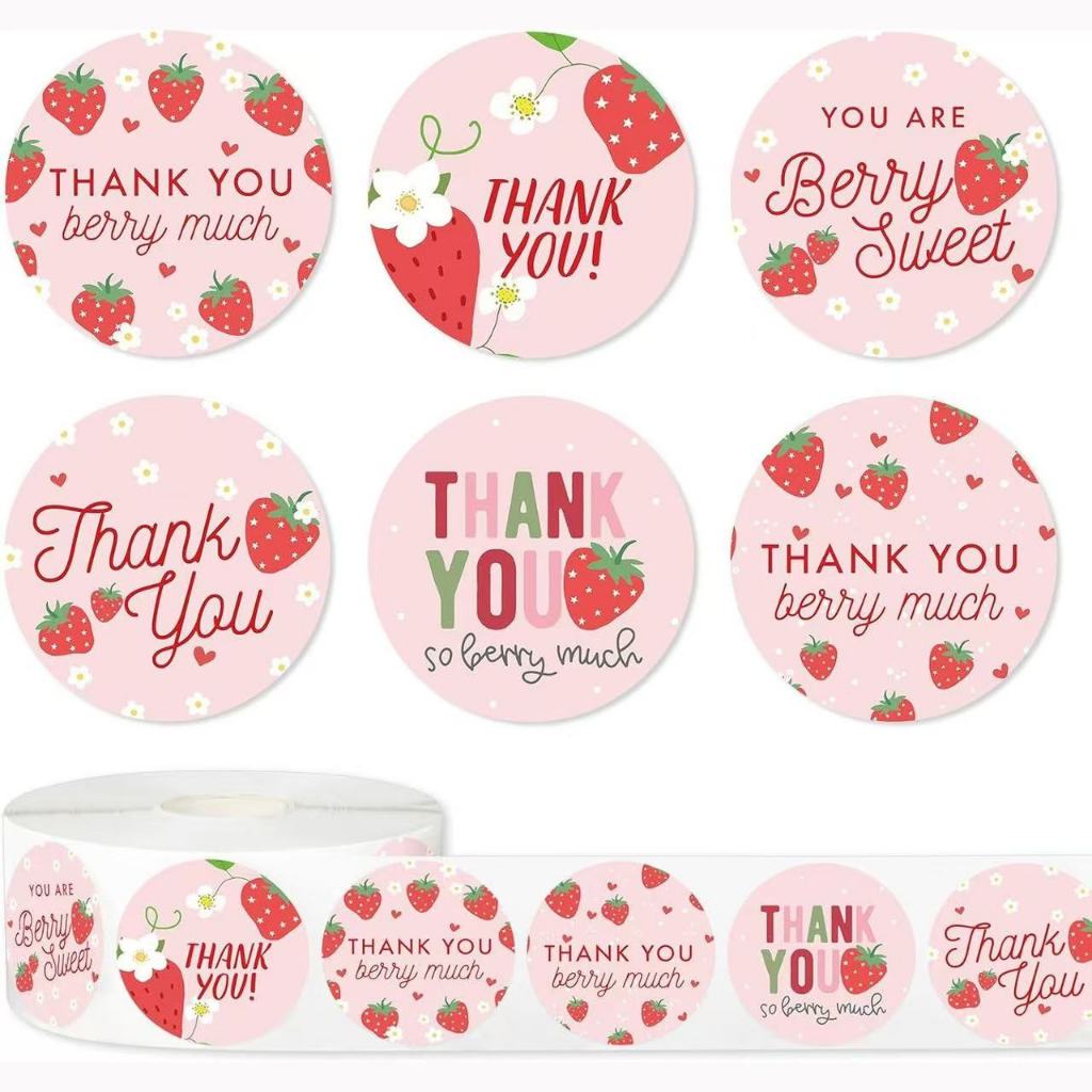 สติกเกอร์ขอบคุณ ลายสตรอเบอร์รี่ 500ดวง ติดกล่อง ติดแก้ว sticker