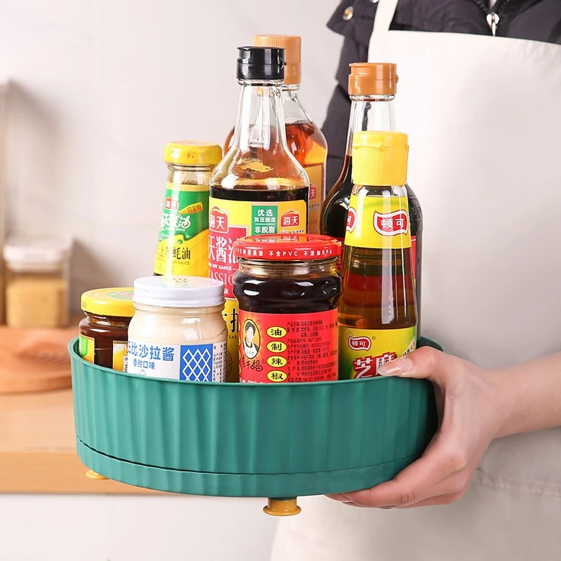 ถาดหมุนได้ 360 องศา ตลับเครื่องปรุงพลาสติก ถาดจัดระเบียบเครื่องสำอาง ถาดใส่ผลไม้ ของใช้ในห้องน้ำ ประหยัดพื