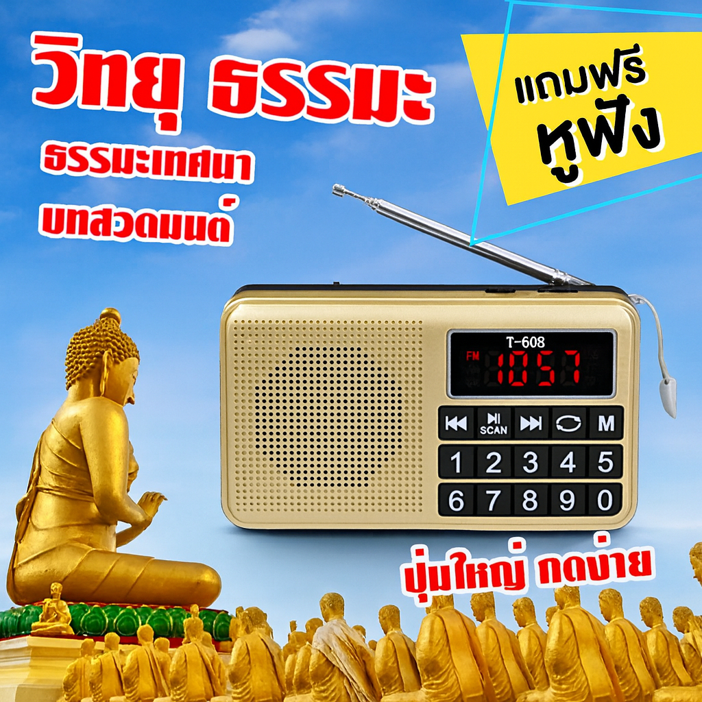 วิทยุธรรมะ ปุ่มใหญ่ ใช้งานง่าย เหมาะสำหรับผู้สูงอายุ ฟังธรรมะได้ชัดเจน เสียงดังใสสบายหู ขนาดกะทัดรัด พกพาสะดวก
